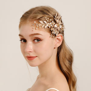 عقدة رأس مزينة باللؤلؤ والحجر الصناعي مكونة من زهرتين لحفلات الزفاف إكسسوارات شعر باللون الذهبي الوردي للنساء والفتيات - Product Image 1