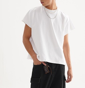 Camiseta Corta de Manga Corta para Hombre, Versátil, de Color Sólido, con Borde Crudo, de Algodón 100% de Primera Calidad, Estilo Urbano, Talla Grande - Product Image 6
