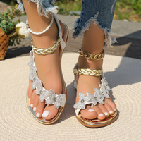 Sandales plates pour femmes avec strass papillon, anneau d'orteil et bride élastique tressée à la cheville, pour l'été, la plage et les occasions décontractées