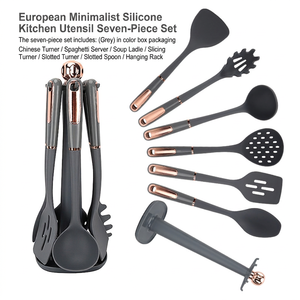 Ensemble d'ustensiles de cuisine en silicone gris 7 pièces, spatule antiadhésive, louche, écumoire, outils de cuisson avec accents or rose et support de rangement - Product Image 4