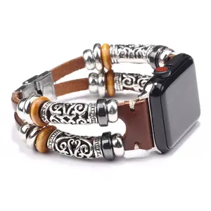 Watch Strap Genuine Leather For Apple Watch Series 7 Unique Bohemian Beaded Men Wrist Band For Apple Watch Leather Band