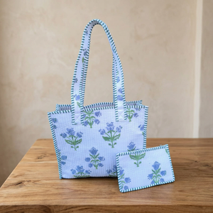 Hand Block Printed Indian Handmade Cotton White Shopping Tote Bag Set with Pouch 2Pcs Women Quilted Shoulder Bag Large <b>Beach</b> Bag - Product Image 4
