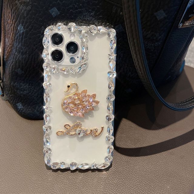 High Quality Crystal Diamond Swan Transparent Phone Case for IPhone 11 12 13 14 15 16 PRO MAX Luxury Rhinestone Sparkling Cover