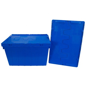 80L Stackable Tote Bin Nestable Plastic Moving Boxes Storage Plastic Crates With Lids Heavy Duty Attached Lid Crates