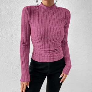 Haut en tricot côtelé mince élégant pour femmes avec t-shirt court décontracté à manches longues et pull de printemps polyvalent à <span class=keywords><strong>col</strong></span> montant - Product Image 6
