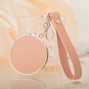 Custom Plastic Double <b>Foldable</b> Compact <b>Mirror</b> Keychain Pocket Makeup <b>Mirror</b> Silver Finish Matching Leather Strap Promotional - Product Image 4