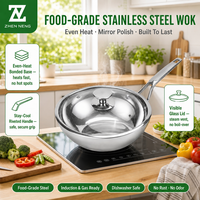 Wajan Baja Tahan Karat Zhenneng 20cm 24cm dengan Tutup Kaca Tempered, Wajan Masak Dalam, Baja Food Grade, Gagang Panjang, Wajan Cina
