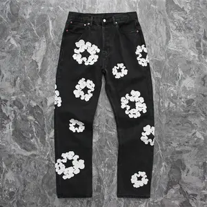 Custom Heavy Craft Full Embroidery Patch Jeans Washed Men's And Mens Black Denim Pants