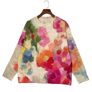Maglione da Donna OEM ODM con Stampa Floreale Vintage ad Acquerello, Spalle Scivolate, Oversize, Collo Tondo, Casual, Maniche Lunghe - Product Image 4