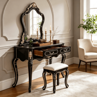 Ensemble coiffeuse antique européenne noir et or avec miroir et tabouret, table de maquillage de luxe pour chambre à coucher, mobilier de maison