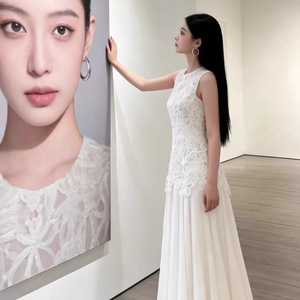 French Style White Sleeveless Patchwork Dress O Neck Natural Waist Daily Casual Long Dress - Product Image 1