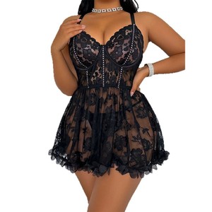 Grote maat zwarte sexy lingerie set met kant doorschijnende damesnachtjapon pyjama plus size lingerie - Product Image 5