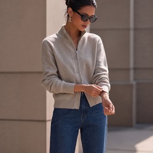 Cardigan en tricot pour femme, gris clair, col montant, manches longues, couleur unie, pull-over, manteau, automne-hiver, élégant, pour le quotidien - Product Image 4
