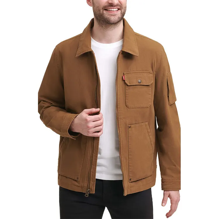 Custom Heavy Winter Handsome Brown Cotton Canvas Patch Pocket Chore Coat Worker Jacket for Man