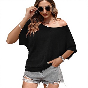 WNEEDU เสื้อเชิ้ตแขนยาวผู้หญิงสำหรับฤดูร้อน ทรงหลวม ปิดไหล่ แขนทรงปีกค้างคาว คอทรงโอ ปักลายลำลอง ผ้าสแปนเด็กซ์ สีดำ ไซส์ L - Product Image 3