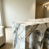 Table console rectangulaire en marbre blanc éléphant, style nordique moderne et luxueux, pour entrée, salon ou couloir.