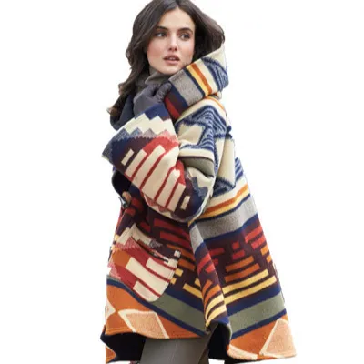 Autumn And Winter Women's Lapel Long-Sleeved Knitted Hooded Coat Geometric Print Casual Loose Wool Coat