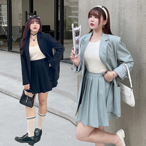 Ensemble tailleur femme Runqi couleur unie en laine peignée grande taille avec épaulettes coupe ample et mini-jupe taille haute N8303 N8304 - Product Image 2