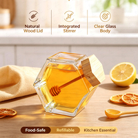 Pot Madu Kaca Heksagonal dengan Tutup Kayu dan Pengaduk, Wadah Madu Transparan untuk Madu, Sirup, Selai, Penyimpanan Dapur