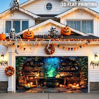 Spanduk Kain Tekstil Datar 2D 1 Buah Cetak Digital Halloween Pemandangan Jendela Garasi Berhantu Labu Bercahaya Tengkorak Gotik