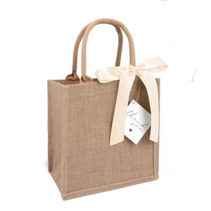 High Quality Customized Eco Friendly <b>Wedding</b> Gift Shopping Burlap Souvenir Natural Jute Tote Bag With <b>Ribbon</b> Decoration - Product Image 2
