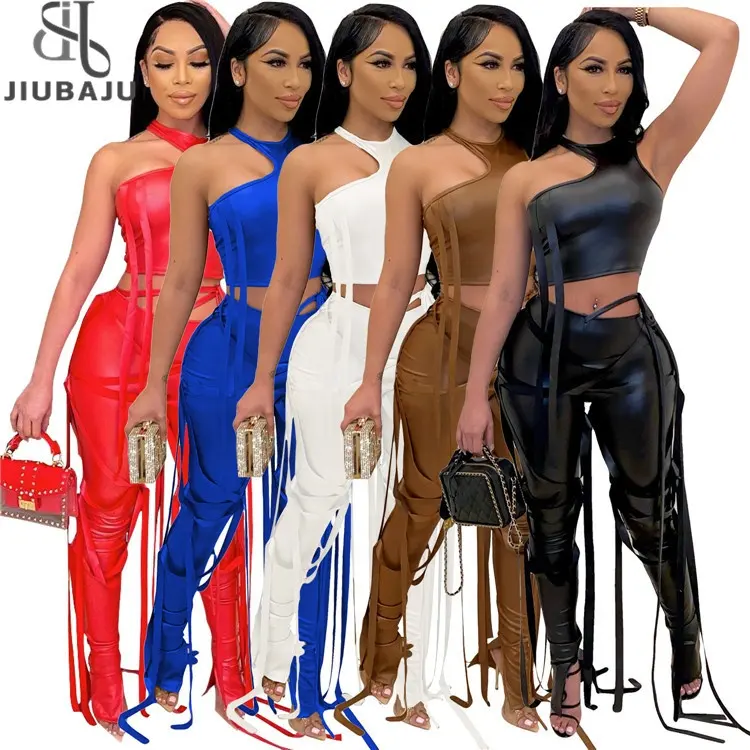 Faux Leather Belt 2 Piece Sets Womens Summer Outfit 2023 Sleeveless Crop Top And Skinny Long Pants Sets