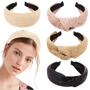 Nouveaux bandeaux en paille tressés à la main, accessoires pour cheveux pour filles, bandeaux larges noués pour femmes, vente en gros - Product Image 1