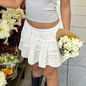 Minifalda midi de cuadros con textura de color liso, estilo juvenil, que reduce la edad, cintura baja elástica, versátil, línea A - Product Image 6