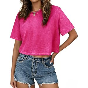 Camiseta Corta FOXA para Mujer, Lavado Ácido, Algodón, Color Sólido, Básica, Vintage, Holgada, Manga Corta - Product Image 1