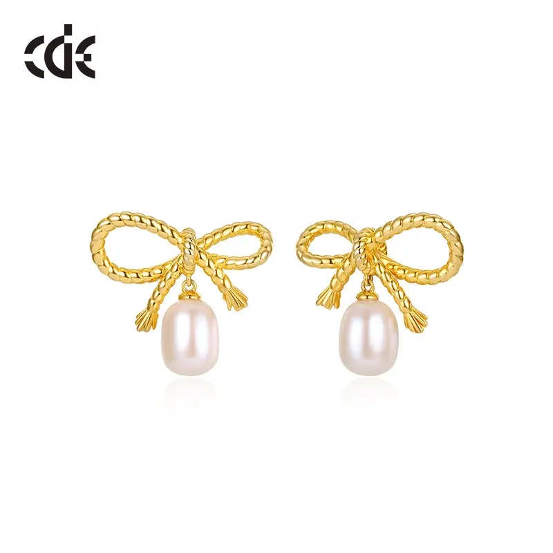 Korean Style Classic 18K Gold Plate Bow Knot Earrings With Pearl