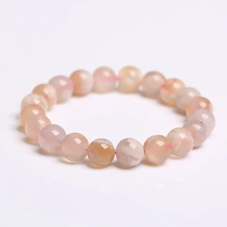 Natural Agate Stone Beads Smooth Round Mixed Charm Flower Gemstone Bracelet Sweet Cute Cherry Blossom Bracelet