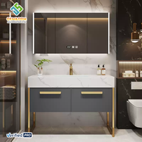 Meuble-lavabo mural double vasque moderne en bois massif 2025 OEM avec égouttoir en cuivre pour salle de bain, entrepôt, maison, bar - Rock