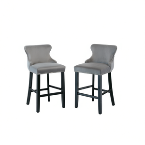 Set di 2 sgabelli da bar contemporanei in velluto grigio con schienale a orecchioni, struttura in metallo imbottita, mobili da bar moderni - Product Image 1