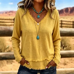 6462 Camicetta da Donna con Scollo a V e <span class=keywords><strong>Frange</strong></span>, Maniche Lunghe, Tinta Unita, Vestibilità Ampia, Pullover Casual per l'Estate e l'Uso Quotidiano - Product Image 4