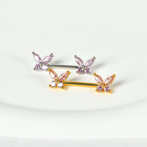 Barre de <span class=keywords><strong>piercing</strong></span> pour téton en acier inoxydable plaqué or, avec <span class=keywords><strong>double</strong></span> papillon multicolore en zircon cubique, pour usage quotidien, fêtes et décoration corporelle - Product Image 5