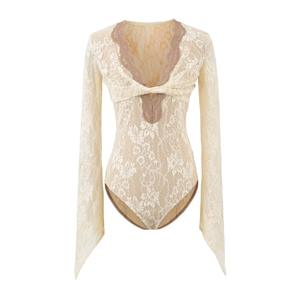 Contrast <strong>Lace</strong> Trim Deep V Neck <strong>Bodysuit</strong> Women Sexy Twist Front Long Sleeve Jumper Top See Through Mesh Lingerie Style Shirt - Product Image 3