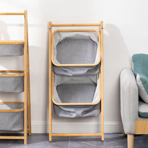 Three Layer Folding Bamboo Wood Storage <b>Basket</b> With Fabric Bin For Bathroom Bedroom Living Room Clothes Rack <b>Foldable</b> Standing - Product Image 4