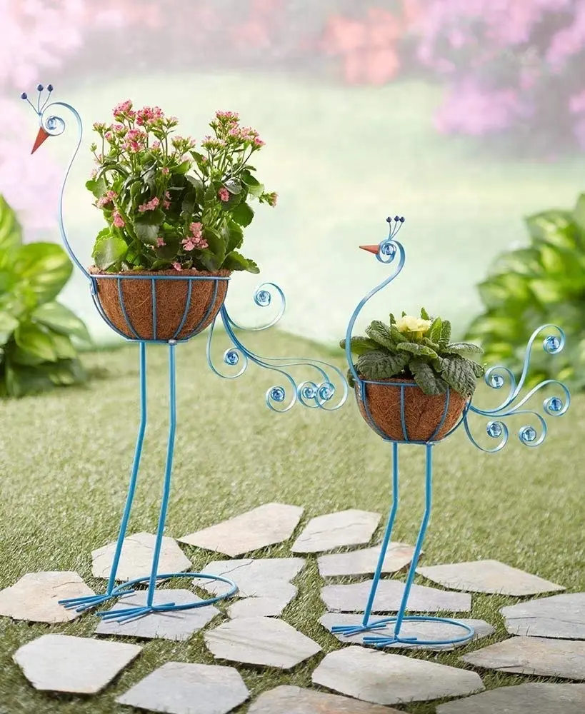 Tuin Decoratie Metalen Vogel Flamingo Plantenbakken Set Van 2 Met Kokos