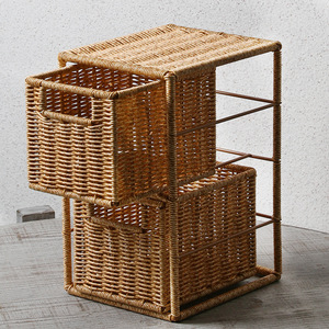 Faux Rattan Woven Desktop <b>Drawer</b> Organizer 2 <b>Drawers</b> Light Brown Cosmetic <b>Storage</b> Box Makeup Organizers - Product Image 3