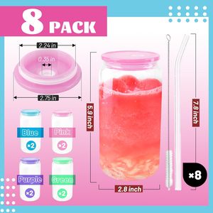Set <span class=keywords><strong>di</strong></span> 8 bicchieri in vetro da 470 ml con coperchi e cannucce, a forma <span class=keywords><strong>di</strong></span> lattina, per caffè freddo, frullati, bibite, bubble tea, birra - Idea regalo - Product Image 2