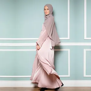 Kustom 2 potong serut satin terbuka depan set gaun abaya kustom sederhana kardigan kimono terbuka abaya wanita muslim satin Gaun