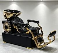 Chaise de lavage de cheveux inclinable de luxe rétro noir et or, très vendue, pour salon de coiffure, avec bac en céramique