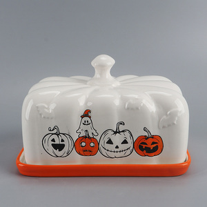 Bonita Mantequera de Cerámica Blanca con Forma de Calabaza y Bandeja Naranja - Diseño de Fantasma y Calabaza, Almacenamiento de Alimentos para <span class=keywords><strong>Cocina</strong></span> de Halloween - Product Image 1