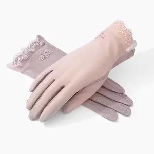 Zomer Rijden Dunne Ijs Zijde Uv Kant Touchscreen Bloemen Vrouwen Zonnebrandcrème Handschoenen