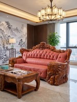 Nouvel ensemble de canapés en bois massif sculpté de style européen et chinois, avec revêtement en cuir véritable, joints à mortaise et tenon, rembourrage en éponge haute densité