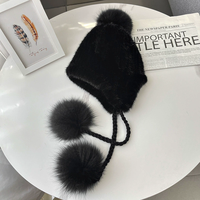 Chapeau d'hiver en fourrure véritable style coréen, mignon, avec cache-oreilles en fourrure de renard, pompon en fourrure de renard, tricoté double face, chaud pour l'extérieur, en vraie fourrure de vison
