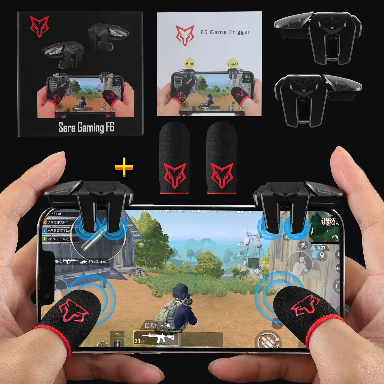SarafoxF6フィンガーモバイルゲームトリガーコントローラー合金ゲームパッドジョイスティックエイムシューティングL1R1キーボタンforiPhone Android