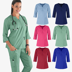 Women Scrub Tops 3/4 Sleeve V-Neck With Pockets Moisture Wicking Hospital Uniforms For Nurses Medical Work Clothes - Product Image 1