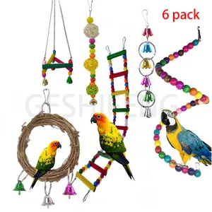 6 Pcs Bird Parrot Swing Chewing Toys- Natural Wood Hanging Bell Bird Cage Toys Suitable for Small Parakeets, Cockatiels