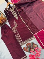 Set atasan, palazzo, dan dupatta sutra cepat kering warna gelap desain tradisional untuk pesta, cocok untuk Diwali dan pernikahan.